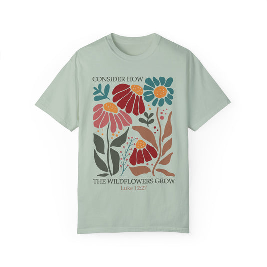 Christian Scriptural Unisex T-shirt - Luke 12:27 Wildflowers Grow Design